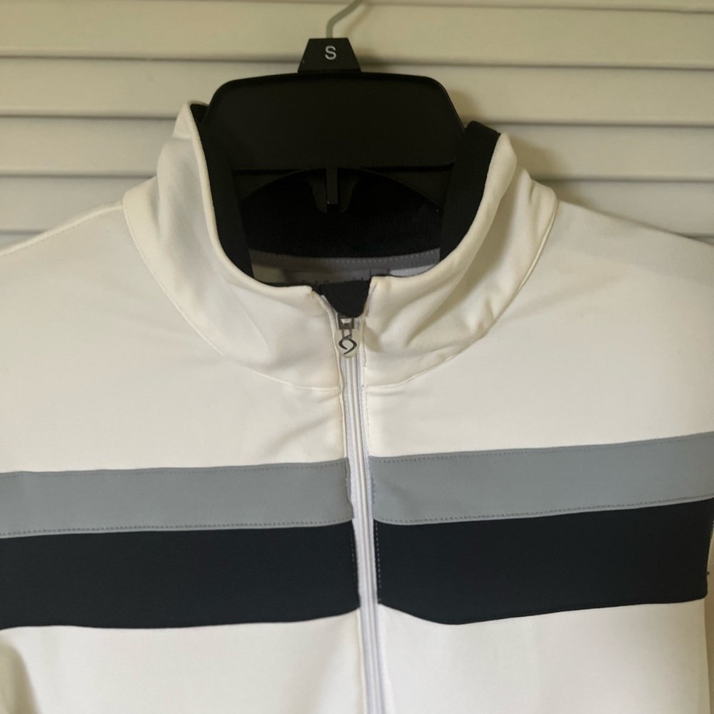 Moving Comfort White with Black & Gray Stripes. 1/2 zipper shirt.